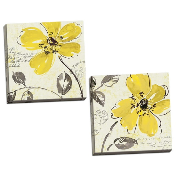 Gango Home Decor Contemporary Yellow Floral Wall Art ; Two Yellow 12x12in Hand-Stretched Canvases