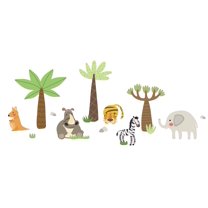 Safari & Wild Jungle Animals 9" x 20" Removable Home Wall Decoration Sticker Multicolored Cartoon Style Landscape Art Design Kids Bedroom Set Of Animals Panoramic View Wall Decal