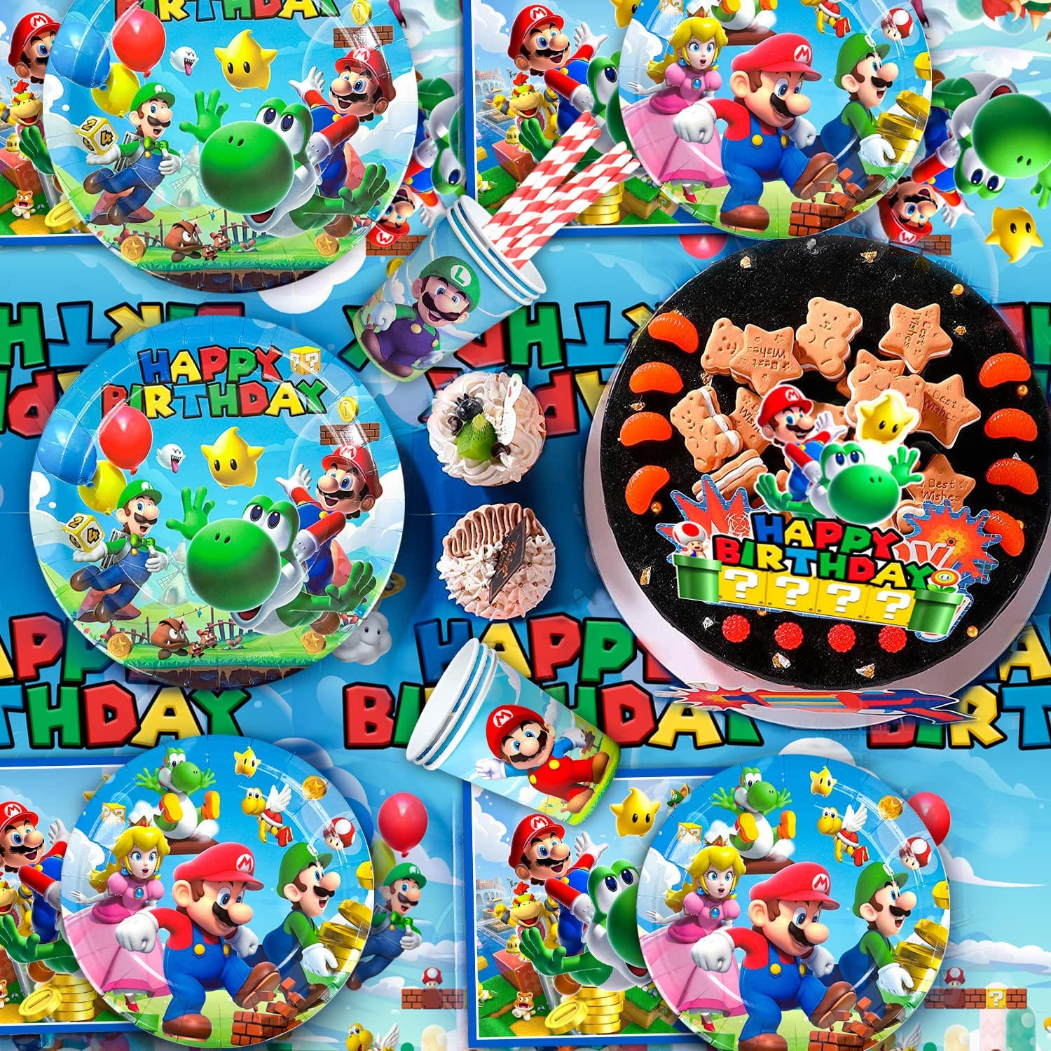Super Mario Birthday Party Supplies,177pcs Mario Party Decorations&Tableware Set-Mario Party Plates Cups Napkins Table Cloth Balloons Backdrop Banner etc Super Mario Birthday Decorations
