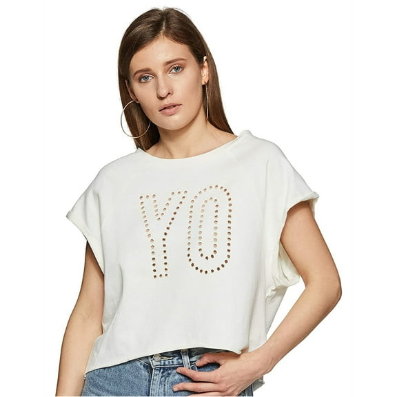 Reebok Womens Studio French Terry Embellished T-Shirt, White, Medium