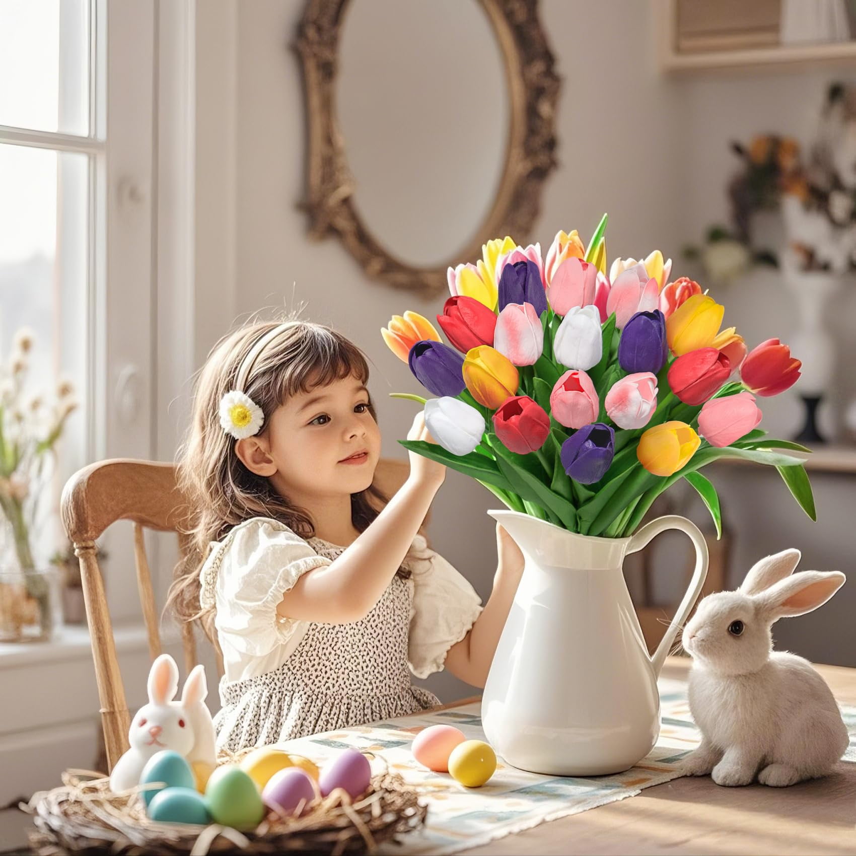 Trianu 30Pcs Artificial Tulips Fake Tulips Flowers 13" Slik Tulips Artificial Flowers Real Touch Tulips for Spring Easter Decor Mother's Day Wedding Bouquet (Multicolor 2)