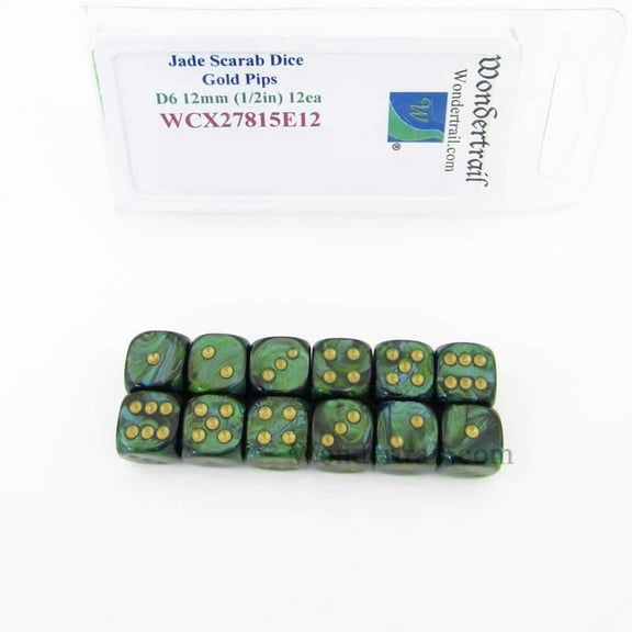 Jade Scarab Dice with Gold Pips 12mm (1/2in) D6 Set of 12 Wondertrail