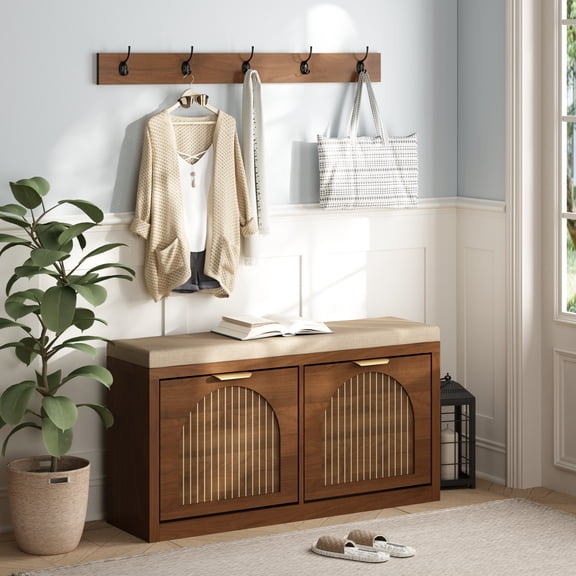 40'' Entryway Bench with Storage Drawers, Shoe Storage Cabinet Wood Bench for Entrance Hallway, Black