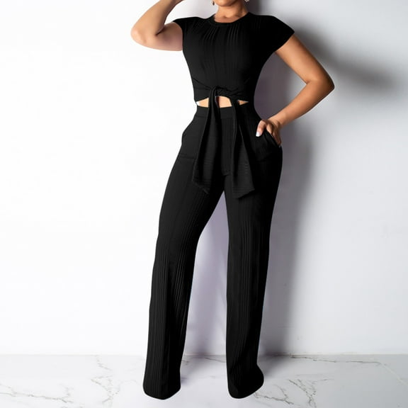 Frostluinai Sweatsuits for Women Workout Tie Front Crop Tops High Waist Straight Leg Pants Solid Ribbed Knit Sets 2 Piece Slim Yoga Sets with Pocket