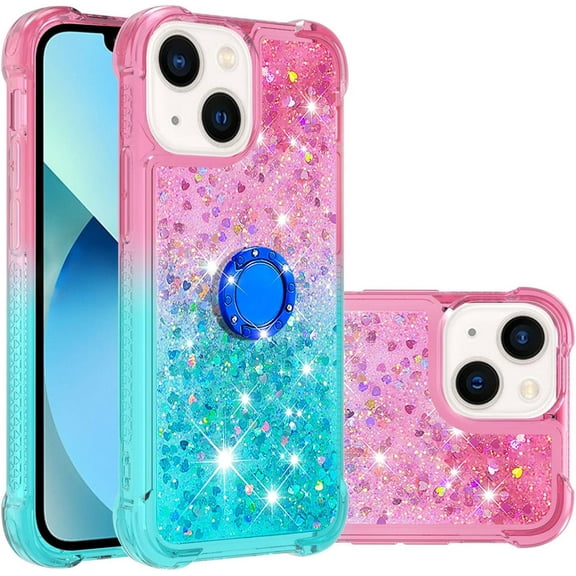 Phone Case for iPhone 13 Mini (Not fit iPhone 13), Shiny Bling Quicksand Effect TPU Bumper Case with Four Corners Anti-Fall Heavy Protection Cover for iPhone 13 Mini Pink Blue
