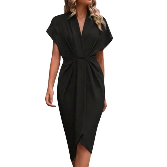 SAWOBUUN Womens V-Neck Faux Wrap Ruffle Midi Dress Short Sleeves Tunic Waist Casual Office Evening Dress