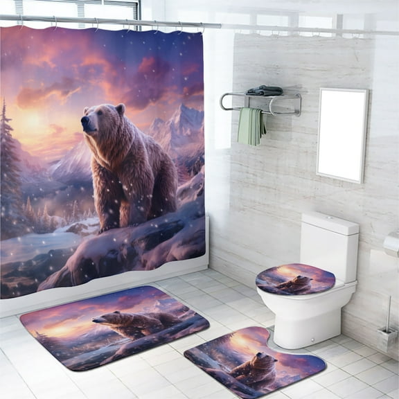 Winter Bear 4 Pcs Shower Curtain Set Forest Wild Animal Nature Pine Tree Snowflake Country with Non-Slip Rugs Toilet Lid Cover and Bath Mat Bathroom Decor Set, 72x72 Inch