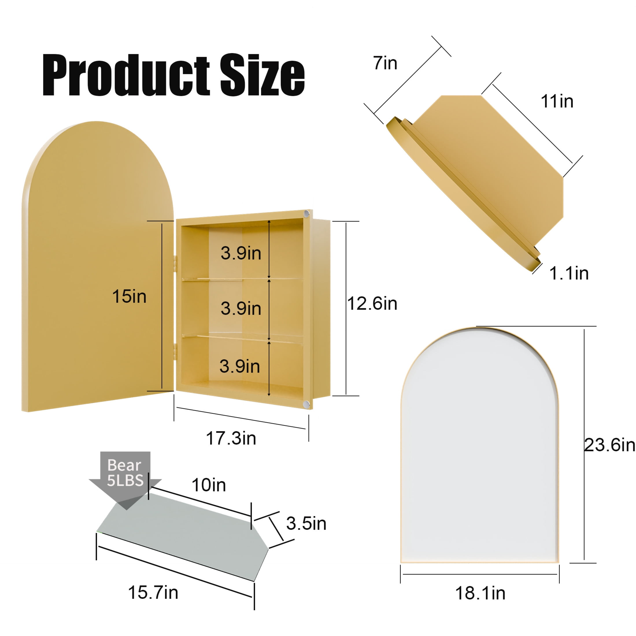Noble House 18" Corner Medicine Cabinet, Arched Mirror, Metal Frame, Adjustable Glass Shelves, for Small Spaces, Golden