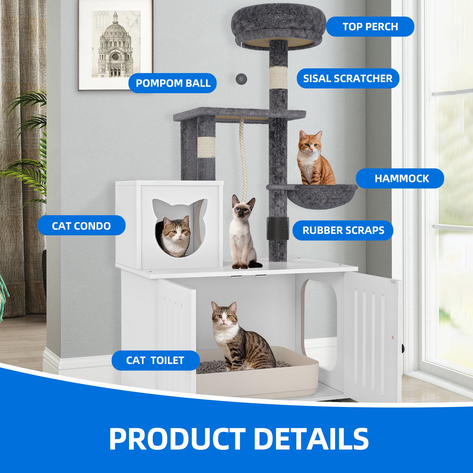 Dextrus 2-in-1 Cat Tree with Litter Box Enclosure,53.5" Large Modern Cat Condo with Scratching Posts, Perch, Food Station, Hammocks, Scratch Post, White