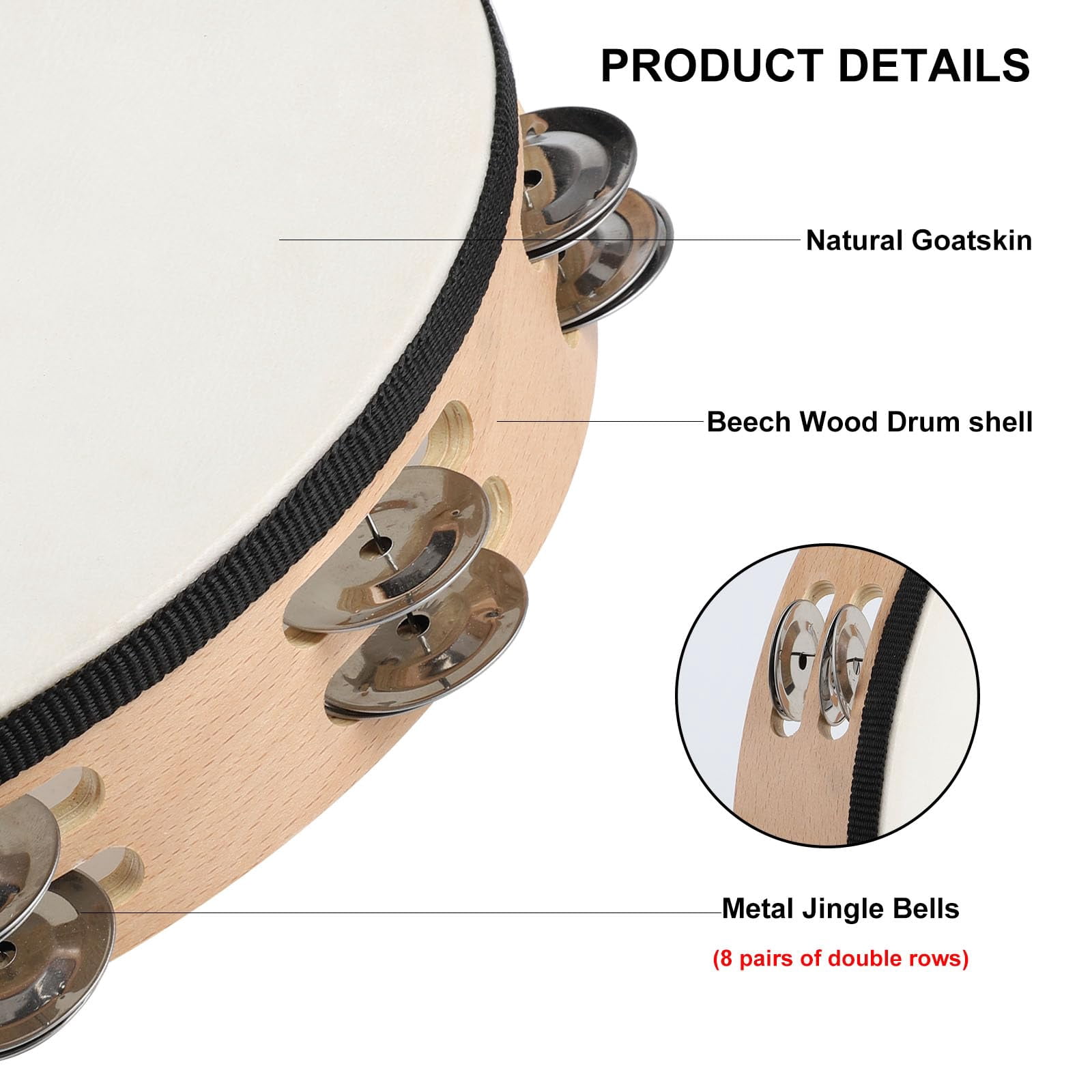 Goatskin Tambourine 10" And 8" Kit With Metal Jingles Hand Held Drum Tambourines For Adults Church Dance Games Ktv Party