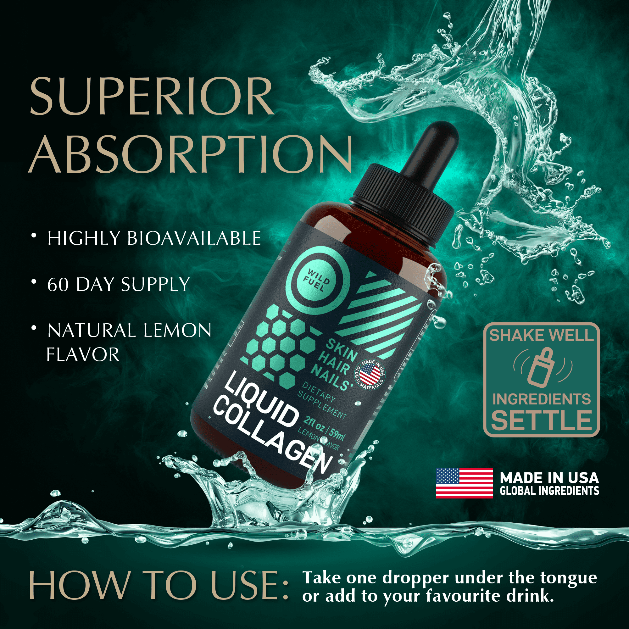 WILD FUEL Liquid Collagen Peptides with Biotin Vitamins for Hair Skin and Nails - 30,000mcg Biotin and Collagen Liquid for Women and Men - Lemon Flavor, up to 2-Month - 2 oz