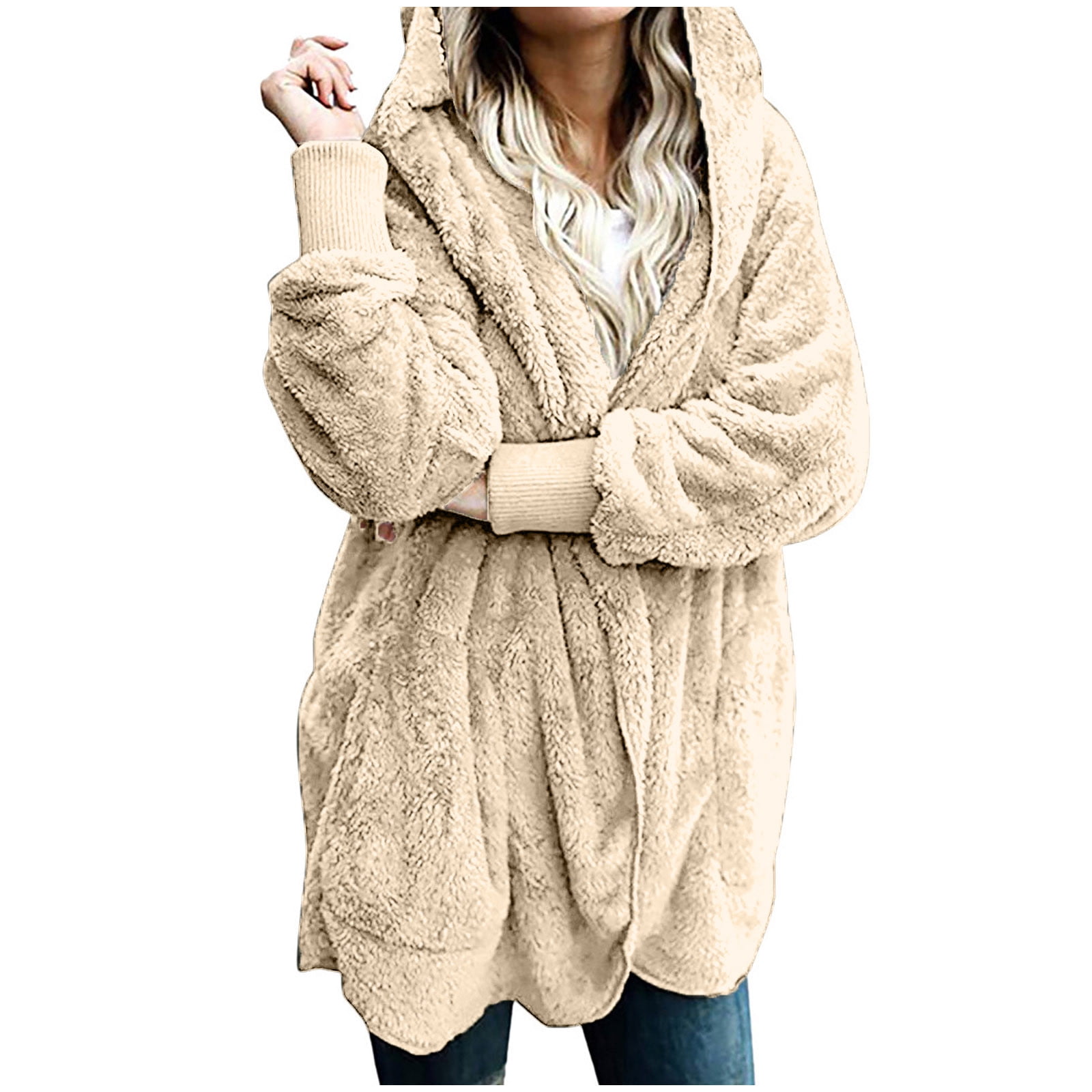 Winter Coats for Women Plus Size S-5X Fleece Long Sleeve Jackets with Hood and Pockets Ladies Casual Solid Warm Open Front Outerwear Coat