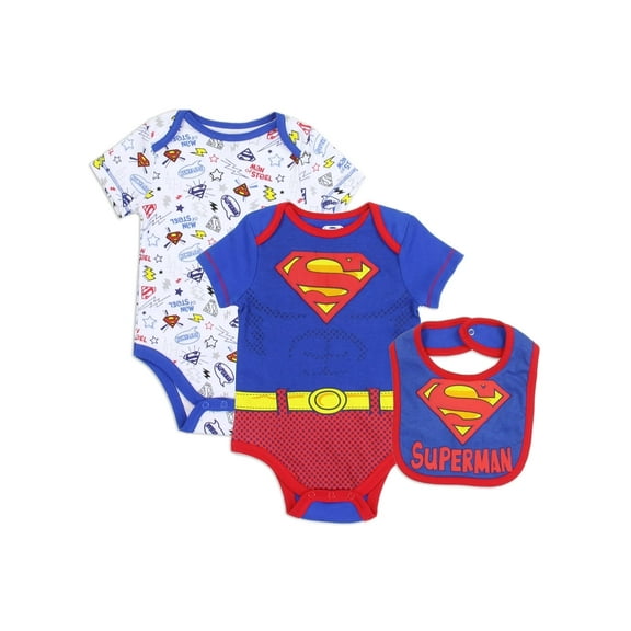 DC Comics Batman or Superman Bodysuits and Bib Set (Baby Boys)