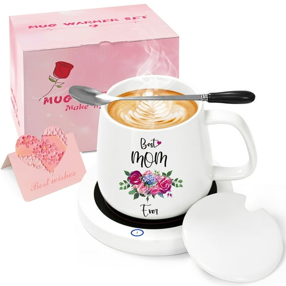 Gifts for Mom - Best Mom Ever Coffee Mugs Warmer Set, Auto Shut Off Smart Coaster, Mom Gifts, Natubeau White 14 fl oz Mugs Smart Warmer