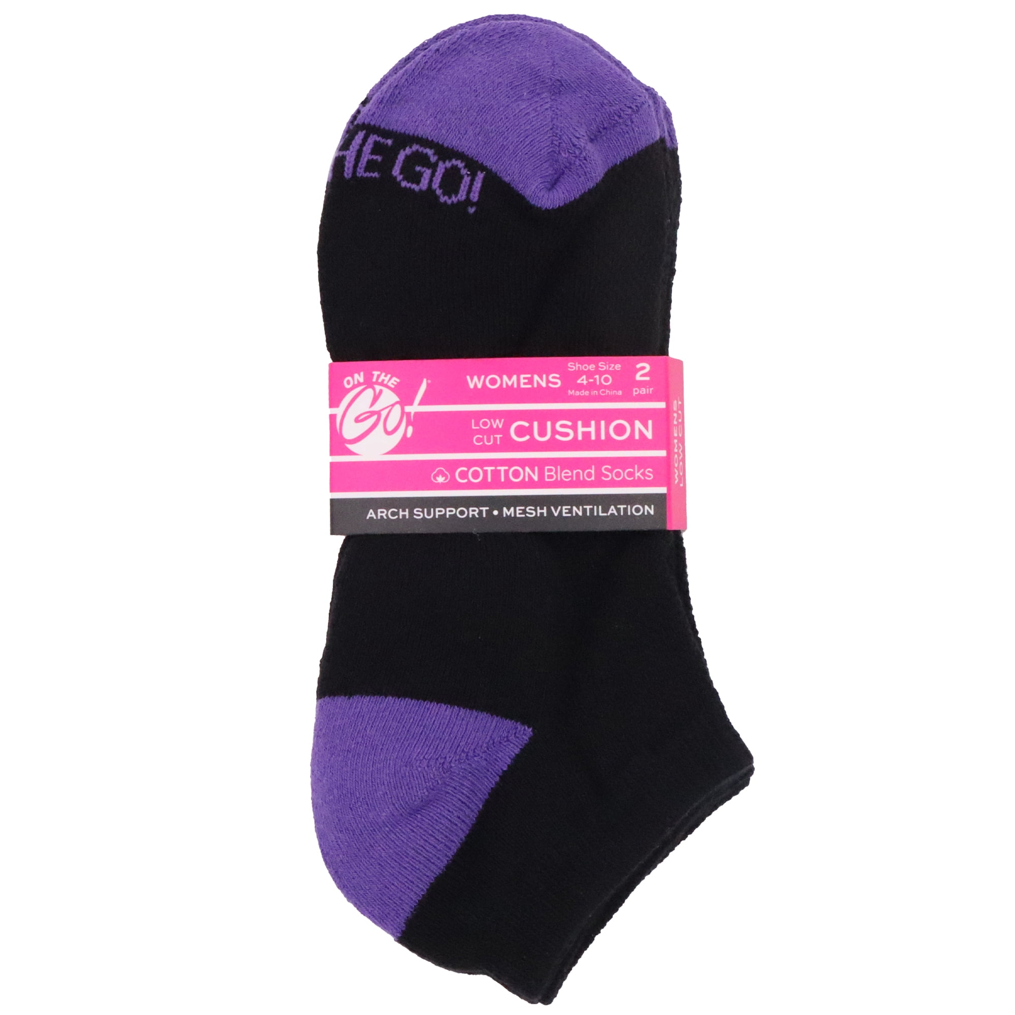 On the Go Women's Low Cut Socks (Black Purple Heel Toe, 2 Pair)