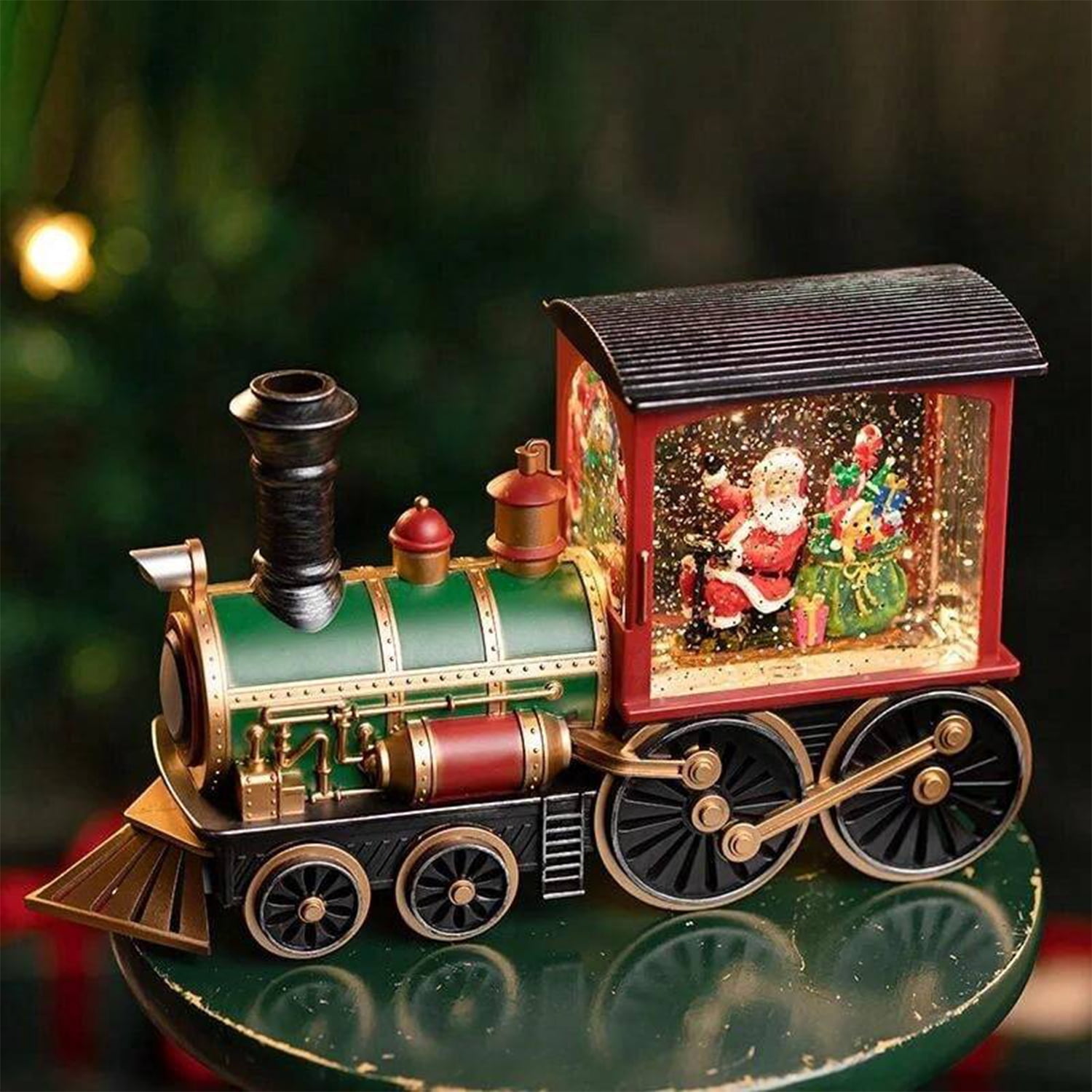 Christmas Santa Globe Lantern Train with Water Swirling Glitter, Musical and Lighted 6 Hours Timer USB Powered & Battery Operated Music Box for Christmas