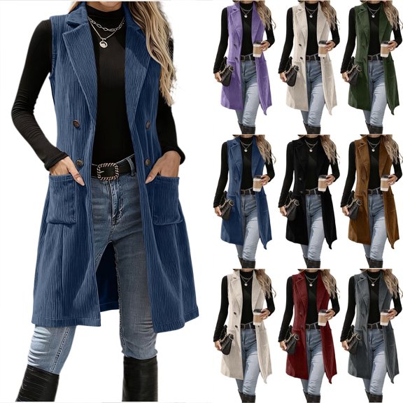 Chiccall Women Long Lapel Corduroy Sleeveless Vest, Fashion Fashion Solid Double‑Breasted Button‑Up Waistcoat With Side Pockets Casual Outerwear