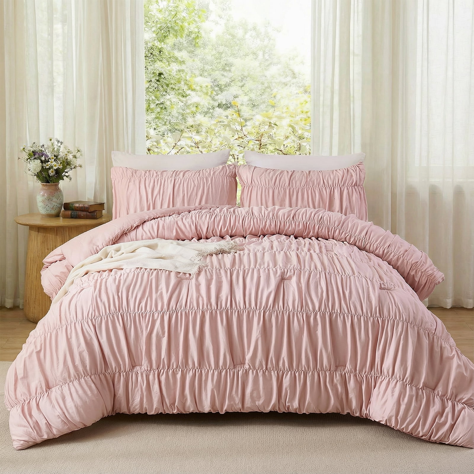 100% Cotton Pink Wrinkle Duvet Cover Set King Size,Ruched Bedding Comforter Cover,Shabby Chic Ruffled 3 Pcs Queen Duvet Cover Set,Bohemian Boho Bedding Set with 1 King Duvet  Cover 2 Pillowcases