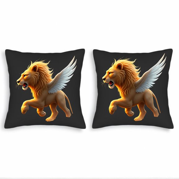 Set of 2 Throw Pillow Covers 18x18in - Fierce Golden Lion with Wings Design for Couch Bed Car Decor