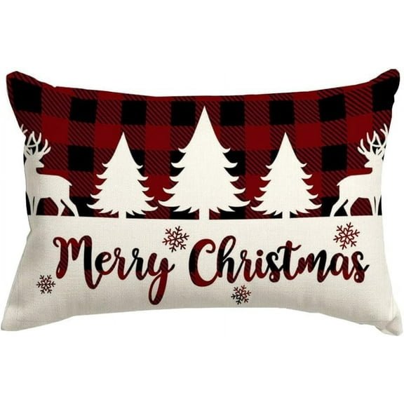 Christmas Pillow Covers 12x20 Outdoor Buffalo Plaid Christmas Pillows Decorative Throw Pillows,Xmas Decorations Lumbar Pillow Cases for Couch Home Retro Red and Black Cushion Covers