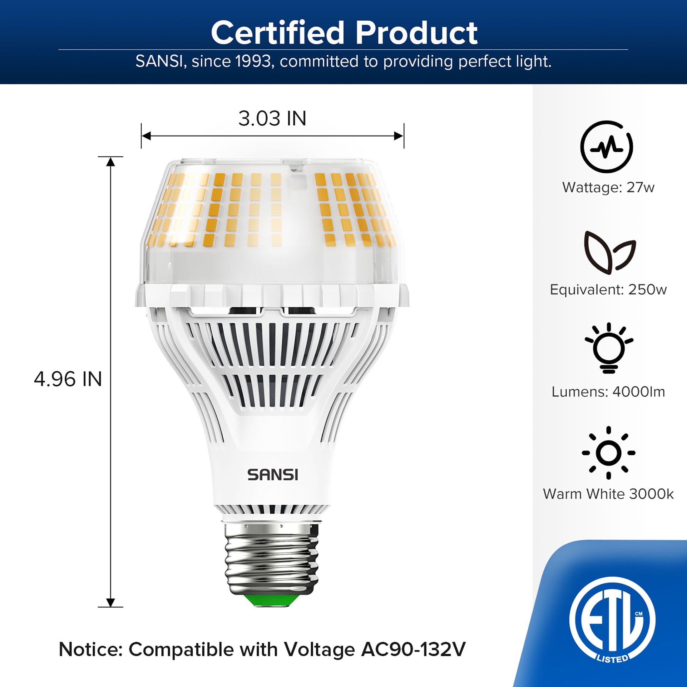 SANSI 27 Watts Dimmable A21 LED Light Bulb, 4000 Lumens LED Bulb, E26 Base, 3000K Warm White, 2-Pack