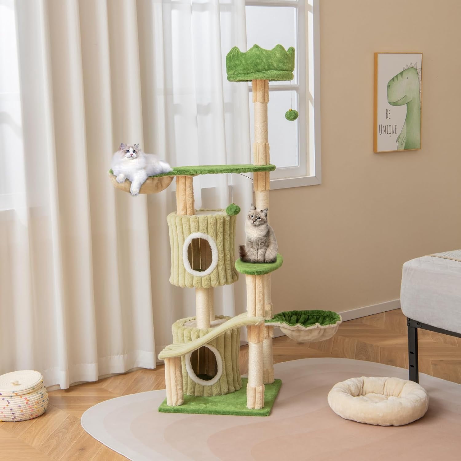 LEHOME 63 Inch Tall Cat Tree, Cute Green Cat Tower with 2 Condos, Plush Top Perch, 2 Basket Beds, Sisal Scratching Posts, 2 Dangling Balls, Slide Platform, Large Aesthetic Cat Tree for Indoor Cats