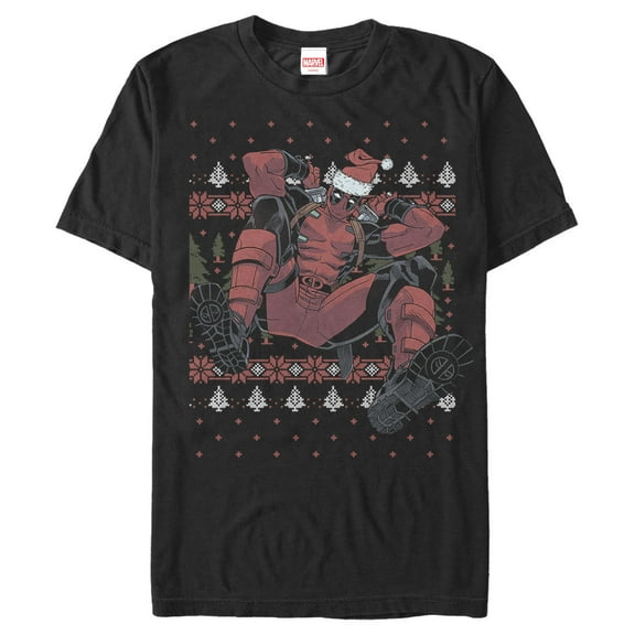Men's Marvel Deadpool Santa Hat Ugly Sweater Holiday  Graphic Tee Black Small