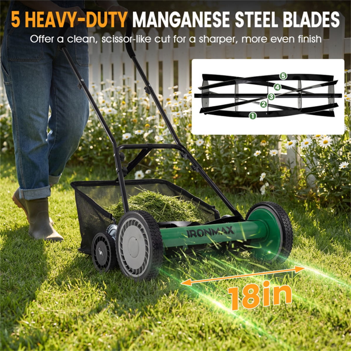 18 Inch 5 Blade Push Reel Lawn Mower with Grass Catcher Green