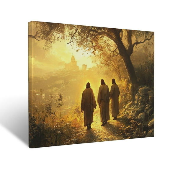 CozyNet Depiction Of Jesus Walking With Two Disciples On The Road To Emmaus, With Glowing Warmth Wall Art Prints With Frame Canvas Perfect for Living Room & Bedroom, Ready to Hang, Wall Decor 12"x16"