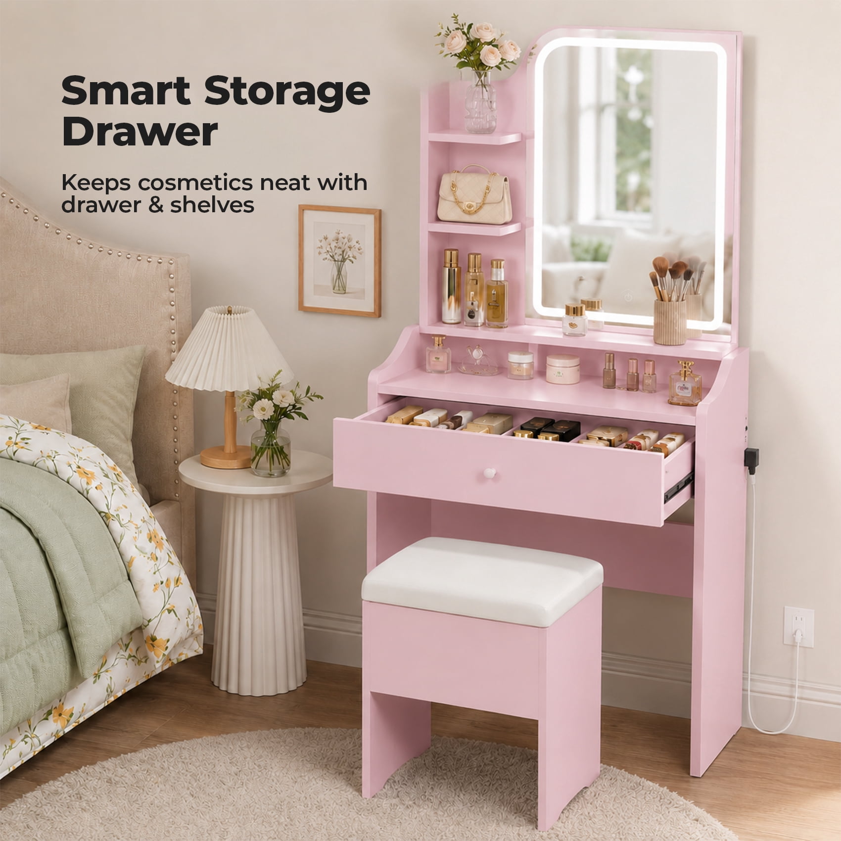 Alvantor Vanity Desk Set With Mirror, Lights, Storage Drawer, And Stool