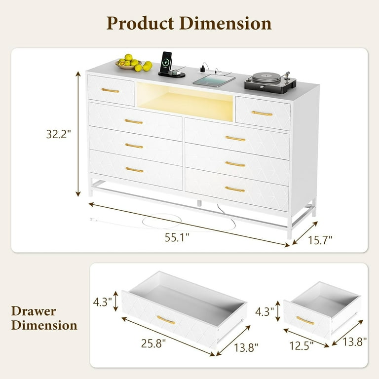 NEILA Modern White Bedroom Dresser with 8 Deep Drawers Large Dresser for 55 TV Stand with Power Outlet & LED Lights, Stylish Storage Solution Wood Dresser with Elegant Gold Knobs - Walmart.com NEILA Modern White Bedroom Dresser with 8 Deep Drawers Large Dresser for 55 TV Stand with Power Outlet & LED Lights, Stylish Storage Solution Wood Dresser with Elegant Gold Knobs - Walmart.com