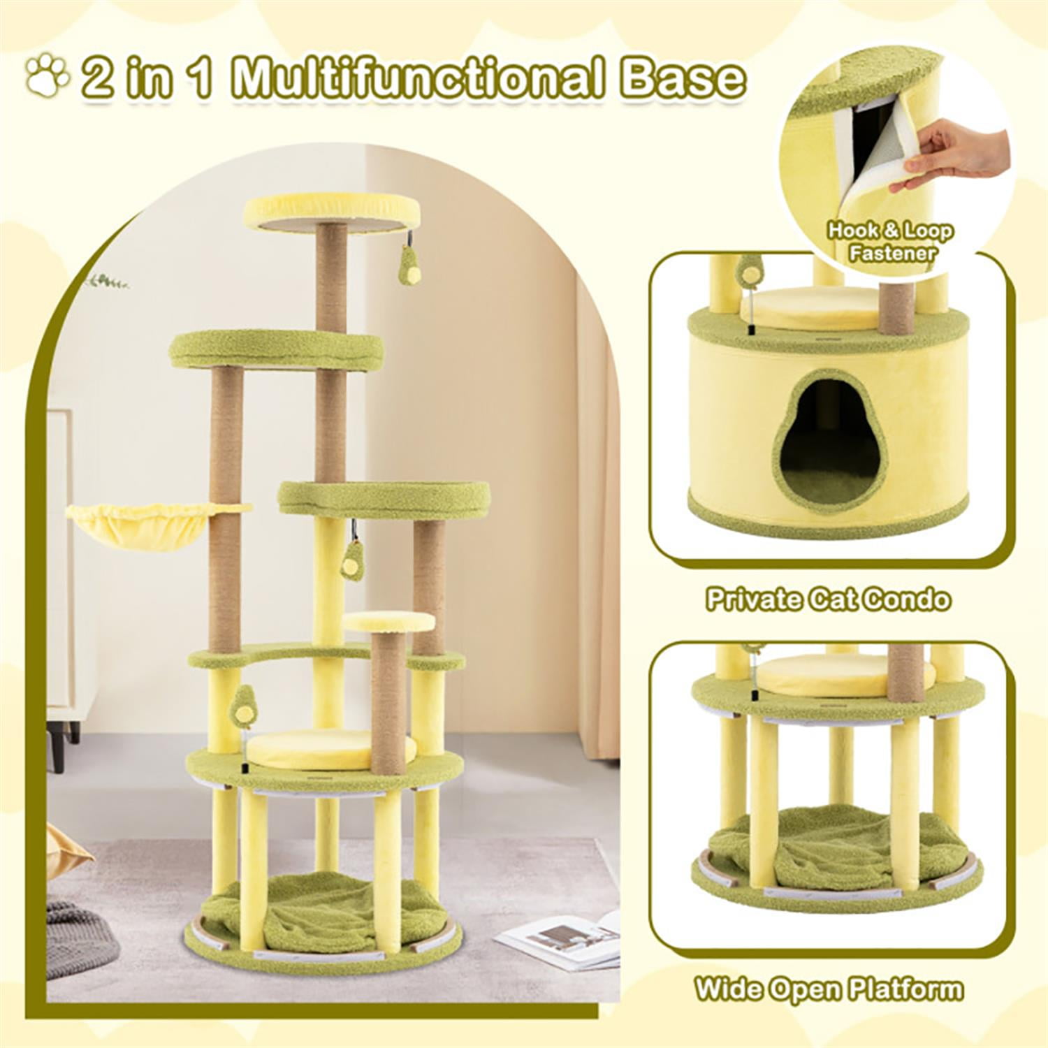 Kadyn 62" Cat Tree Tower with Private Condo for Indoor Cats, Multifunctional Plush Cat House with Scratching Posts and Padded Top Perch, Green