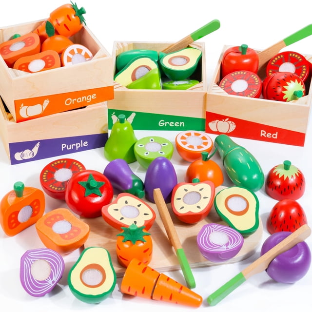 Juego de comida de madera WOODMAM para niños pequeños, juguete para cortar