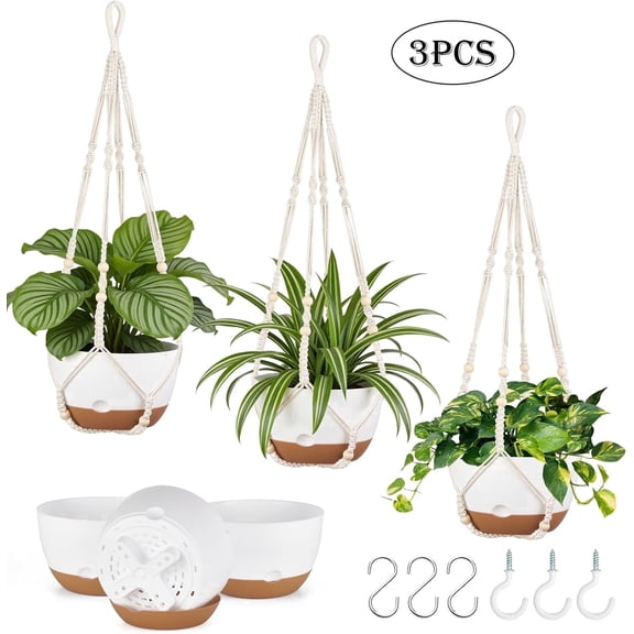 Diigabo 3-Pack 8-inch Self-Watering Hanging Planters with Macrame Hanger Indoor Plastic Plant Pots with Drainage Hole&Saucers Flower Baskets for Outdoor Garden Home Ceiling Decor(White)
