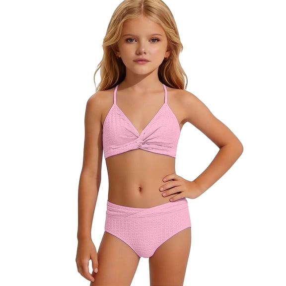 OOOUM Girls 2 Piece Swimwear Twist Front Halter Triangle Bikini Set Kids Soft Quick Dry Vacation Bathing Suit Pink 11-12 Years