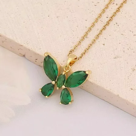 Created Green Emerald Butterfly Pendant 18" Necklace Yellow Gold Plated Silver