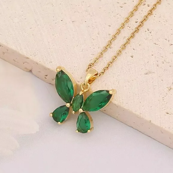 Created Green Emerald Butterfly Pendant 18" Necklace Yellow Gold Plated Silver