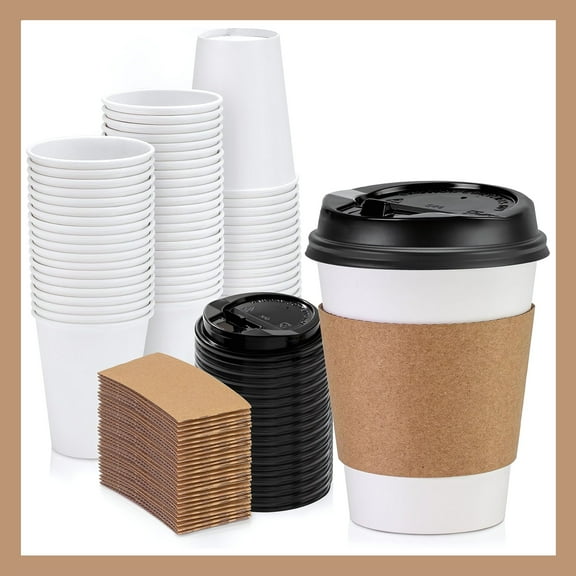 Pokanic Paper White Cups [12 oz] with Lids and Sleeves x [25 Set] Disposable Hot Cold Coffee Water Beverage Drinking for School Office Home Kitchen Cafe Restaurant (25 Pack, 12 oz)