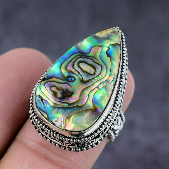 Natural Abalone Shell Gemstone Handmade 925 Sterling Silver Ring Size 8