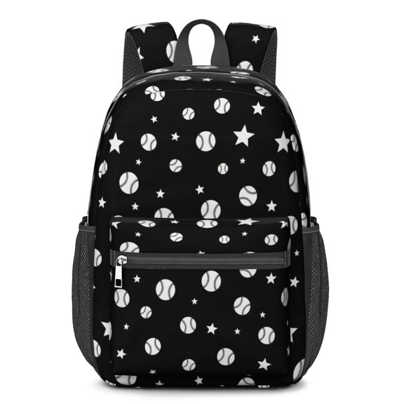 Baseballs Stars Black Pattern 17" Waterproof Oxford School Backpacks for Teens, S-Shape Padded Straps, for School, Travel, Hiking, Camping