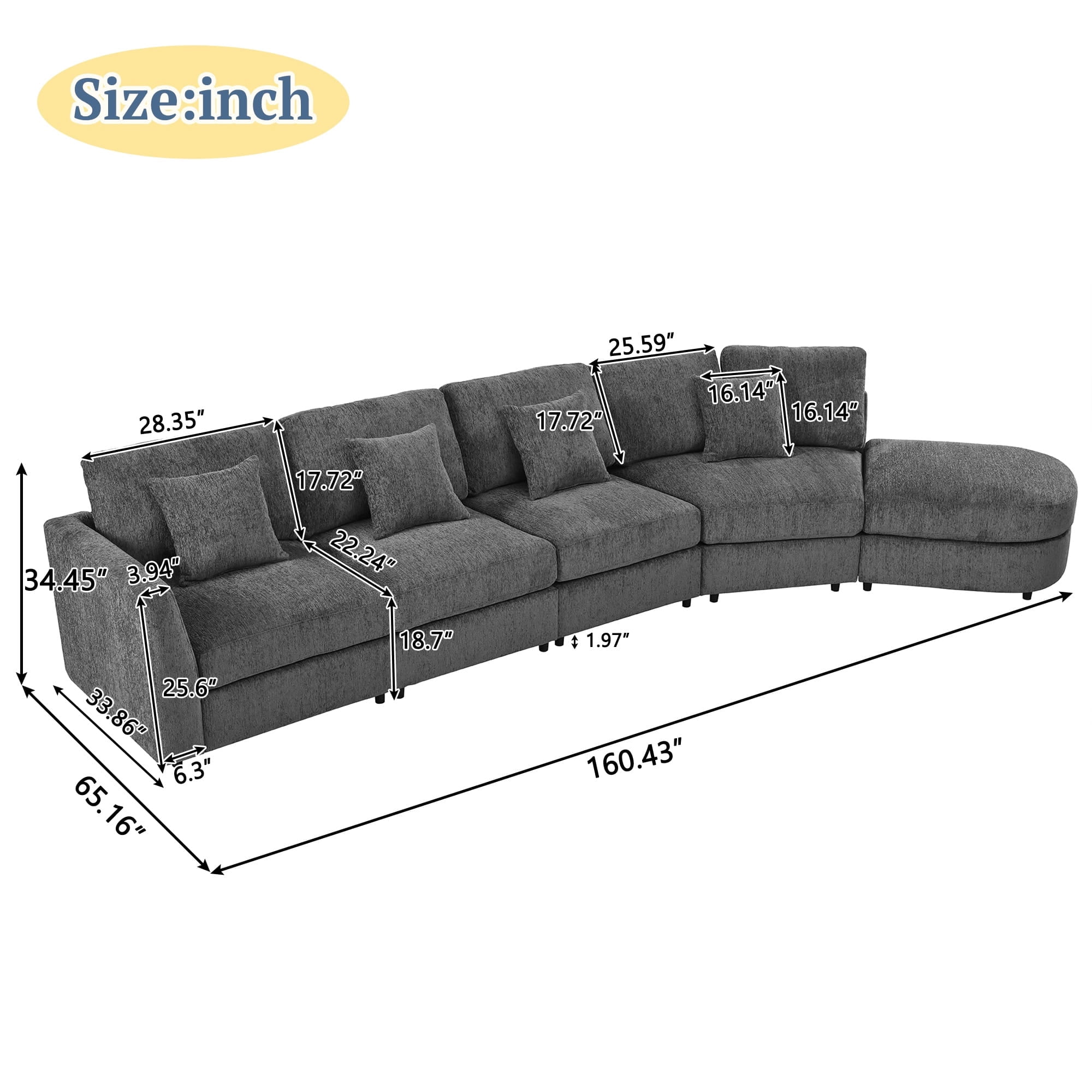 Howcool Oversized 160.4"W Curved Modular Sectional Sofa,5-Seater Deep Seat Chenille Cloud Sofa Couch with 4 Throw Pillows for Living Room,Gray