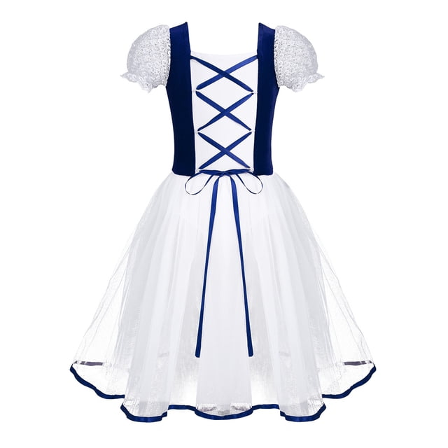 Runhomal Justaucorps de Gymnastique pour Filles à Manches Courtes Bouffantes, Robe Tutu de Danse Ballet Lyrique, Costumes, Bleu Marine, TTG