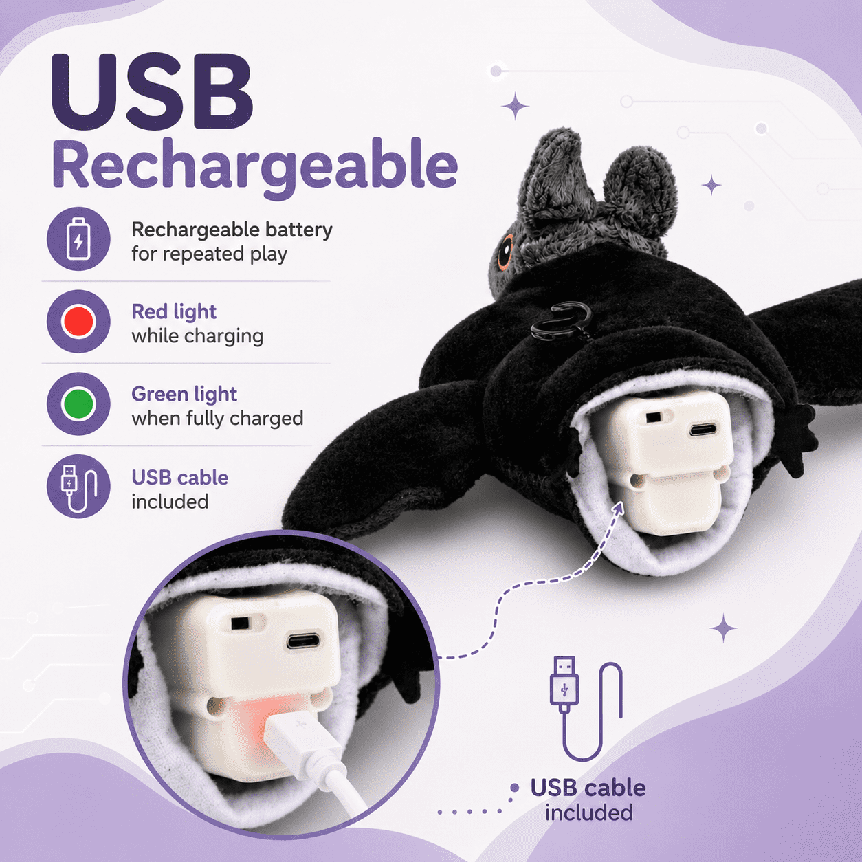 Pawbat Flying Bat Toy, Interactive Flying Bat Pet Toy, USB Rechargeable Automatic Flapping Plush for Pet, Catnip Pocket with Hanging Rope