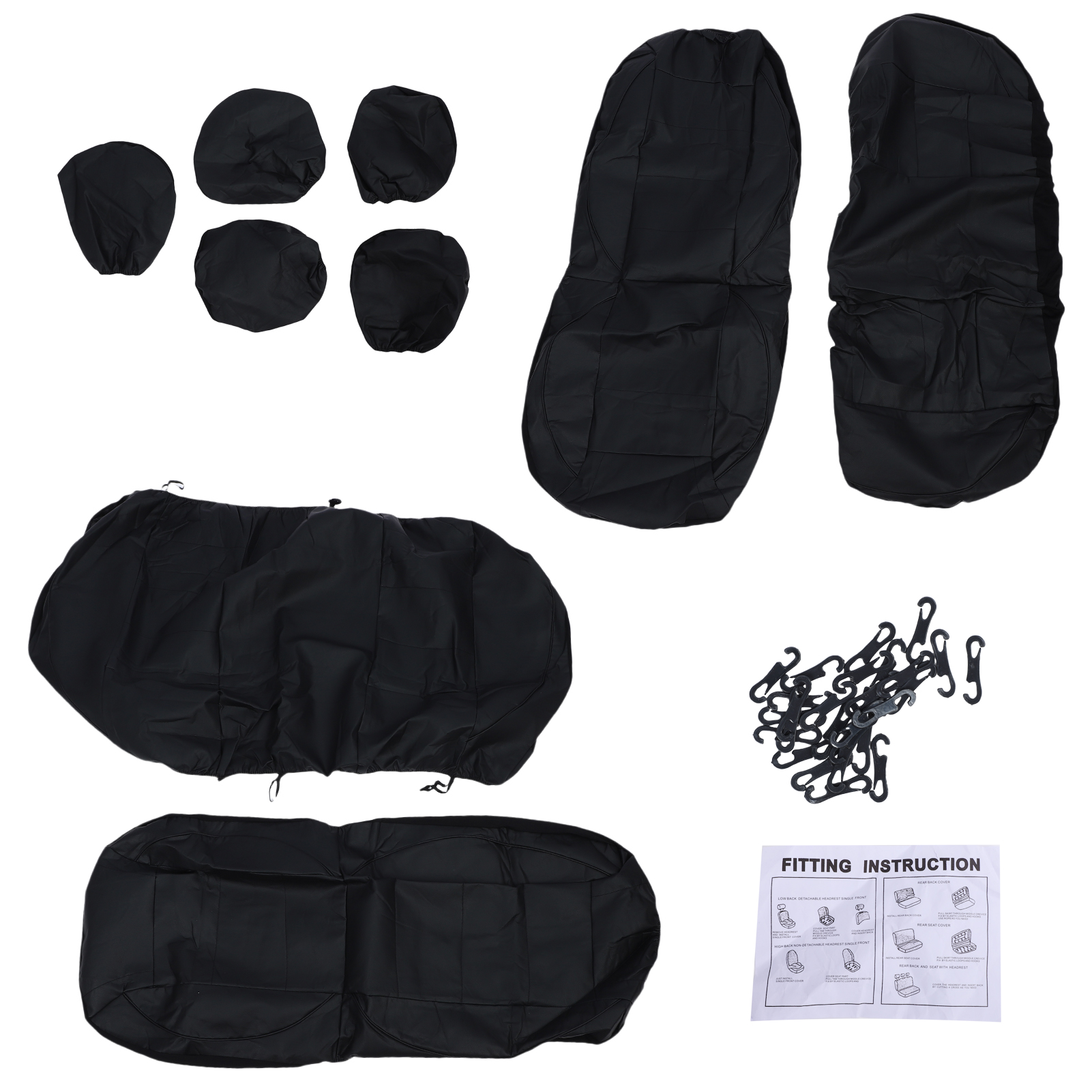 CACAGOO 9 Pcs Car Seat Covers Full Set – Classic Black Faux Leather Front & Rear Bench Protector, Comfortable Fit for Cars, Trucks & SUV