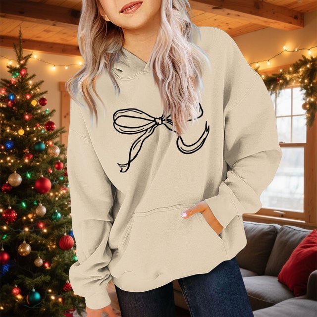 Cowsor Cute Hoodie for Teen Girls Trendy Bow Print Preppy Hooded Sweatshirts Kids Pullover Long Sleeve School Outfits