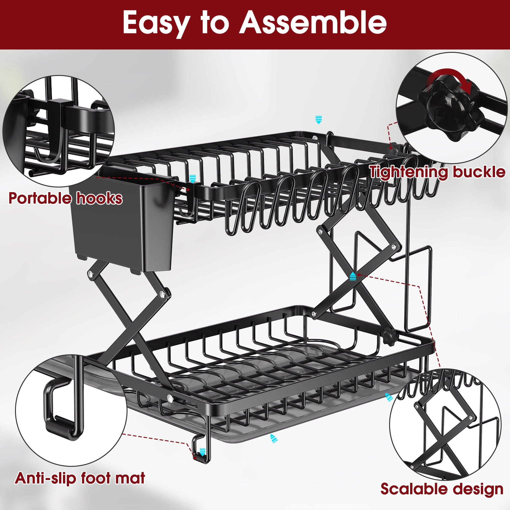 Glovv 2-Tier Collapsible Dish Drying Rack, Large Dish Racks for Kitchen Counter, Dish Drainer Sink Organizer with Utensil Holder for Dishes, Spoons and Forks, Black