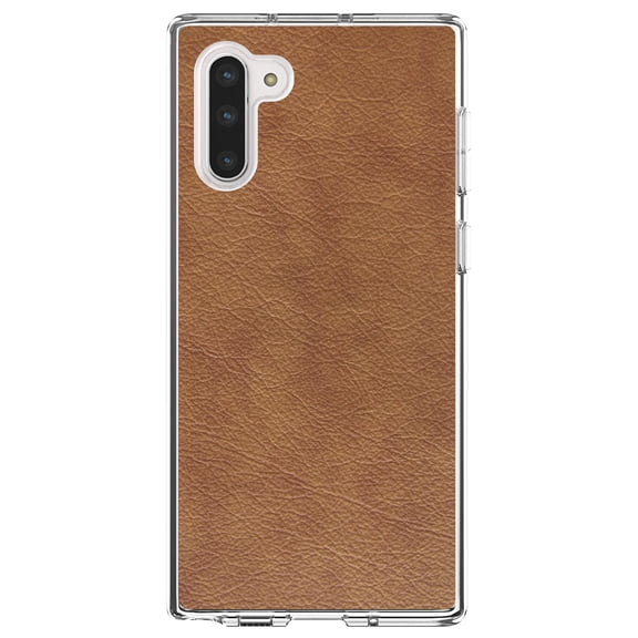 DistinctInk Clear Shockproof Hybrid Case for Samsung Galaxy Note 10 (6.3" Screen) - TPU Bumper, Acrylic Back, Tempered Glass Screen Protector - Dark Brown Faux Leather Print Design - Printed Leather