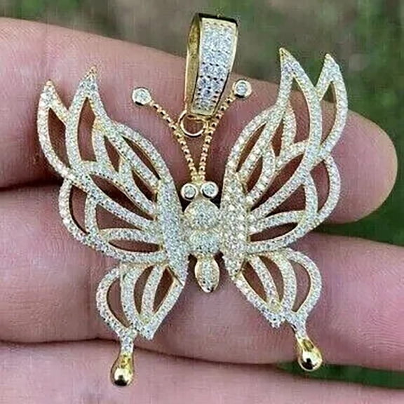 2Ct Round Cut Lab Created Diamond Butterfly 925 Silver Women Charm Pendant 14k Yellow Gold Plated 18" Chain