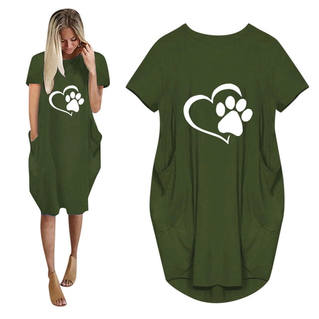 Meichang Robes d'Été pour Femmes Grande Taille Col Rond Manches Courtes Longueur Genou Robes Mignonnes Imprimé Patte de Chien Cœur Robes Midi Coupe Ample Robes de Vacances d'Été