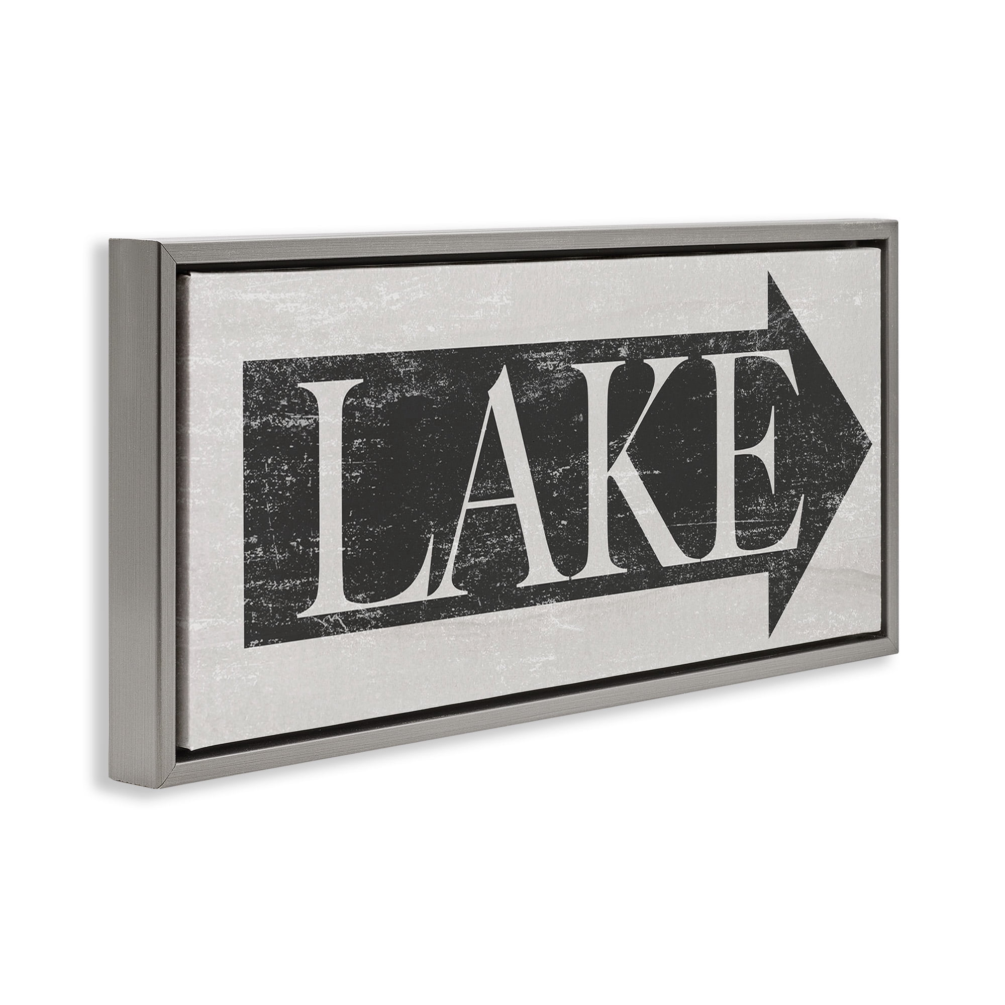 Stupell Industries Distressed Lake Arrow Sign Nature Painting Gray Floater Framed Canvas Art Print Wall Art, 25 x 11